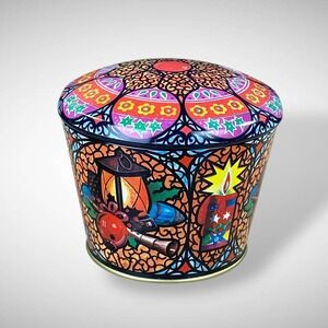 Meister Brazil Tin – 1980s Holiday Stained Glass Collectible Canister Vintage